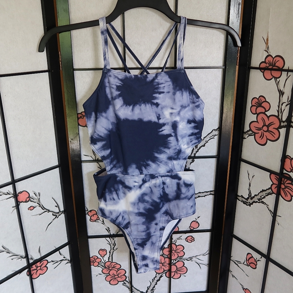 Blue White Tie-Dye Strappy Side Cut Out One-Piece Swimsuit